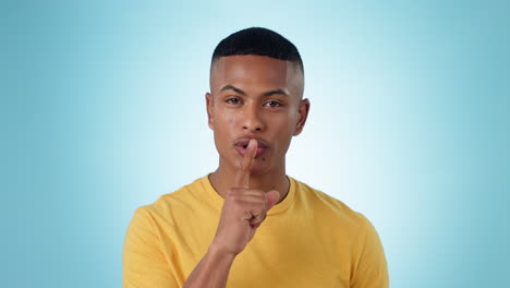 secret, finger to lips and black man in studio