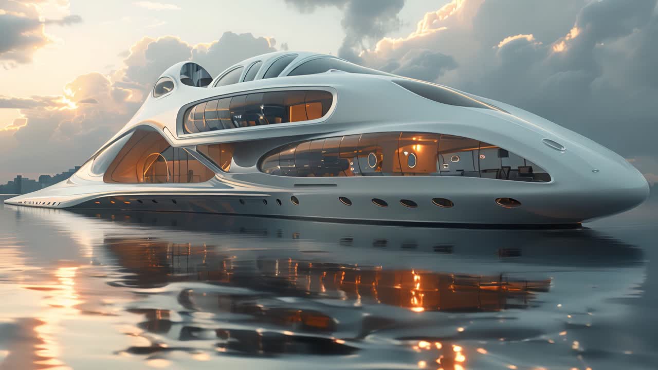 Futuristic Luxury Superyacht on Water at Sunset