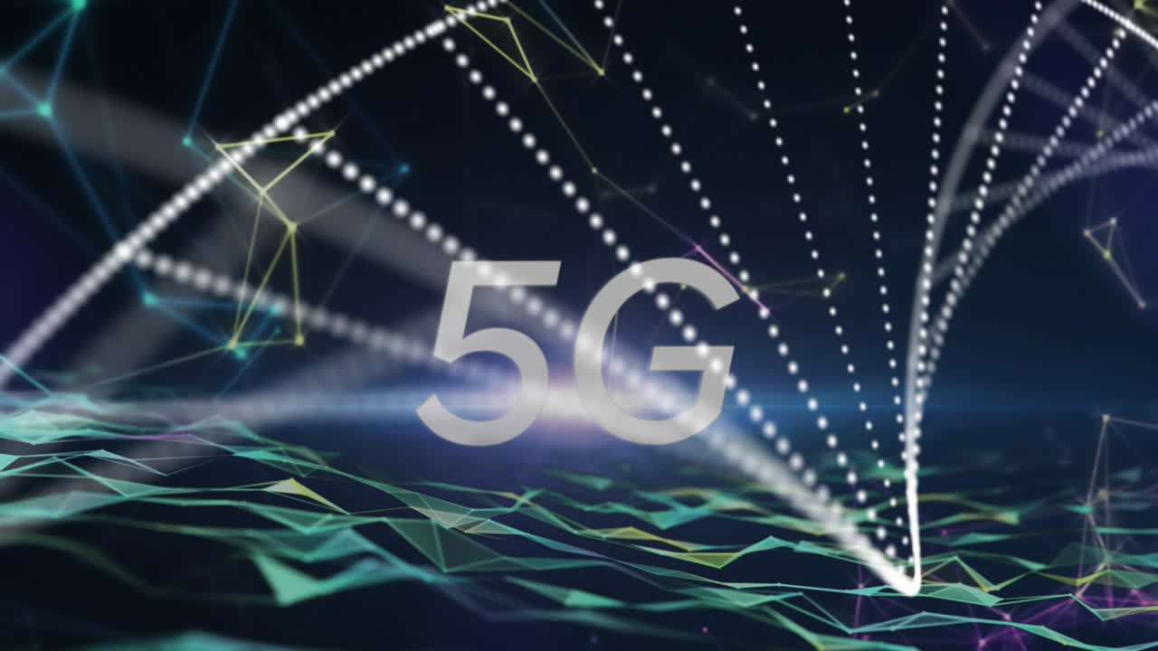 animazione di testo 5g, filo di dna e elaborazione dei dati su griglia
