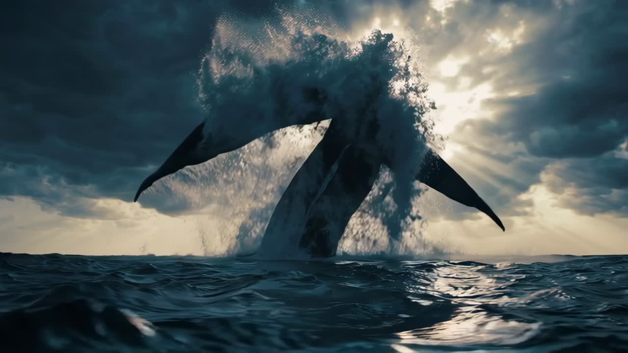 Whale Splashing in Dramatic Sunrise/Sunset Ocean
