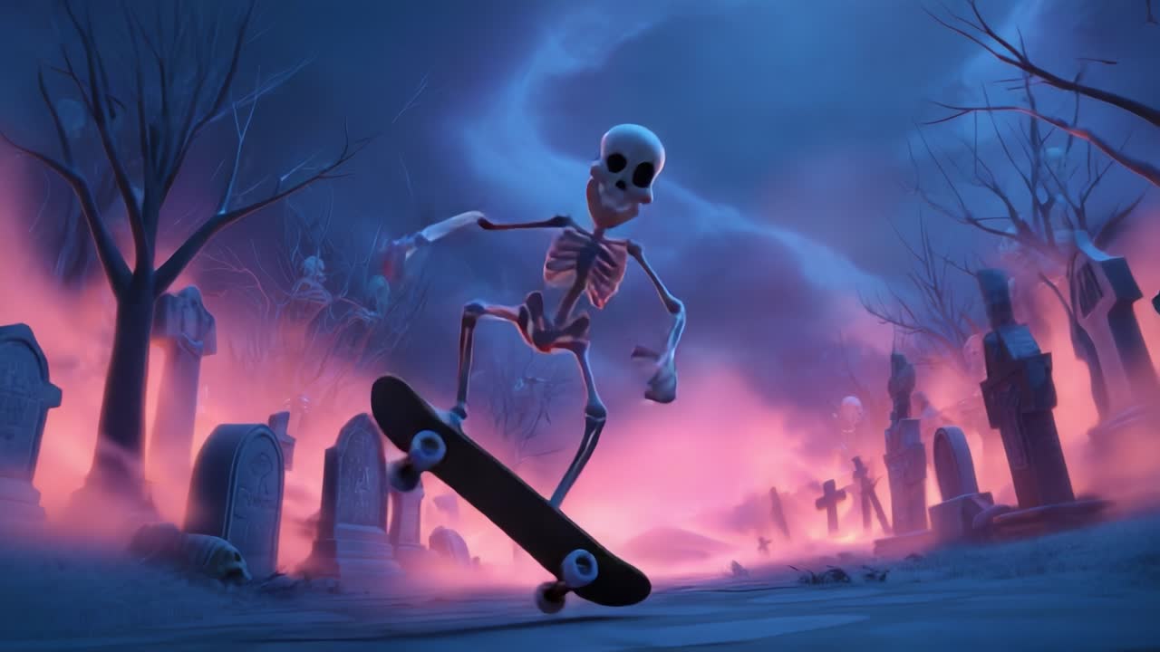 A Comic Skeleton Skating Through a Spooky Graveyard Under a Mysterious Night Sky, Bringing a Fun Twist to Halloween with Its Playful Attitude and Eerie Surroundings