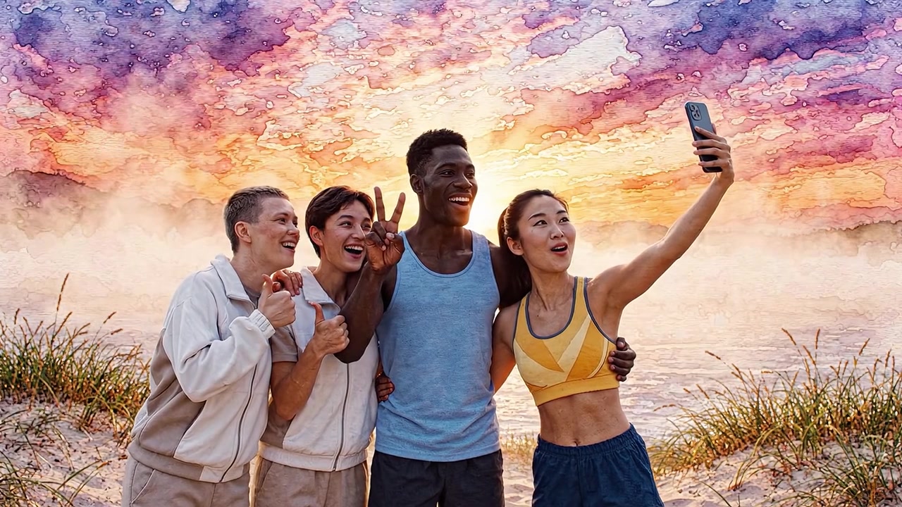 Un gruppo di amici che si gode un bellissimo tramonto mentre si scatta un selfie insieme in riva all'acqua, catturando momenti memorabili di amicizia e gioia