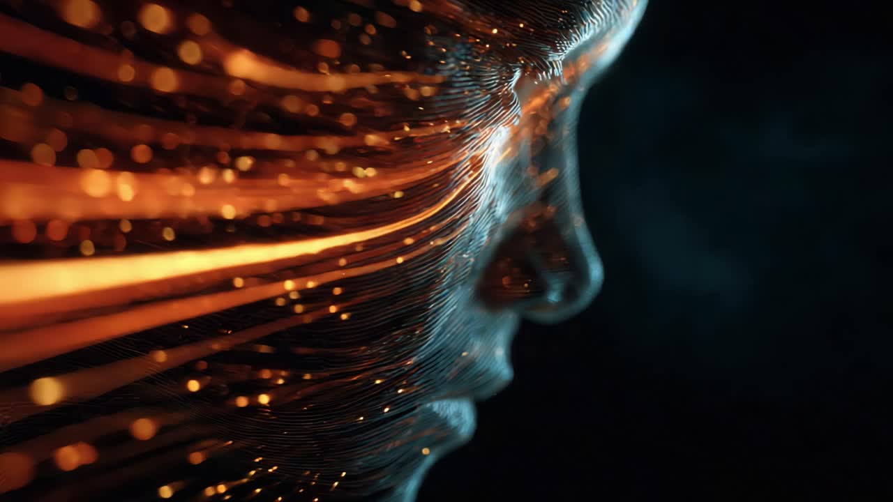 A captivating visualization of flowing energy represented through digital lines forming a human-like face, showcasing the interplay between technology and human abstraction in a striking and artistic manner