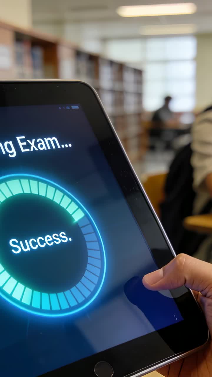 Video verticale: Mentre un anello si riempie, uno studente con una maglietta chiara tocca il tablet confermando il successo in biblioteca