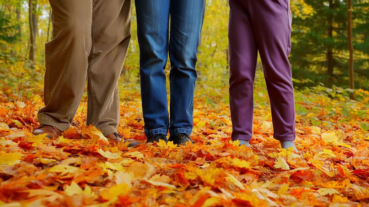 Três pessoas mostradas da cintura para baixo em pé sobre um tapete espesso de folhas caídas laranja e amarelas em floresta decídua durante o outono, com calças casuais, meias, sapatos e luz natural quente