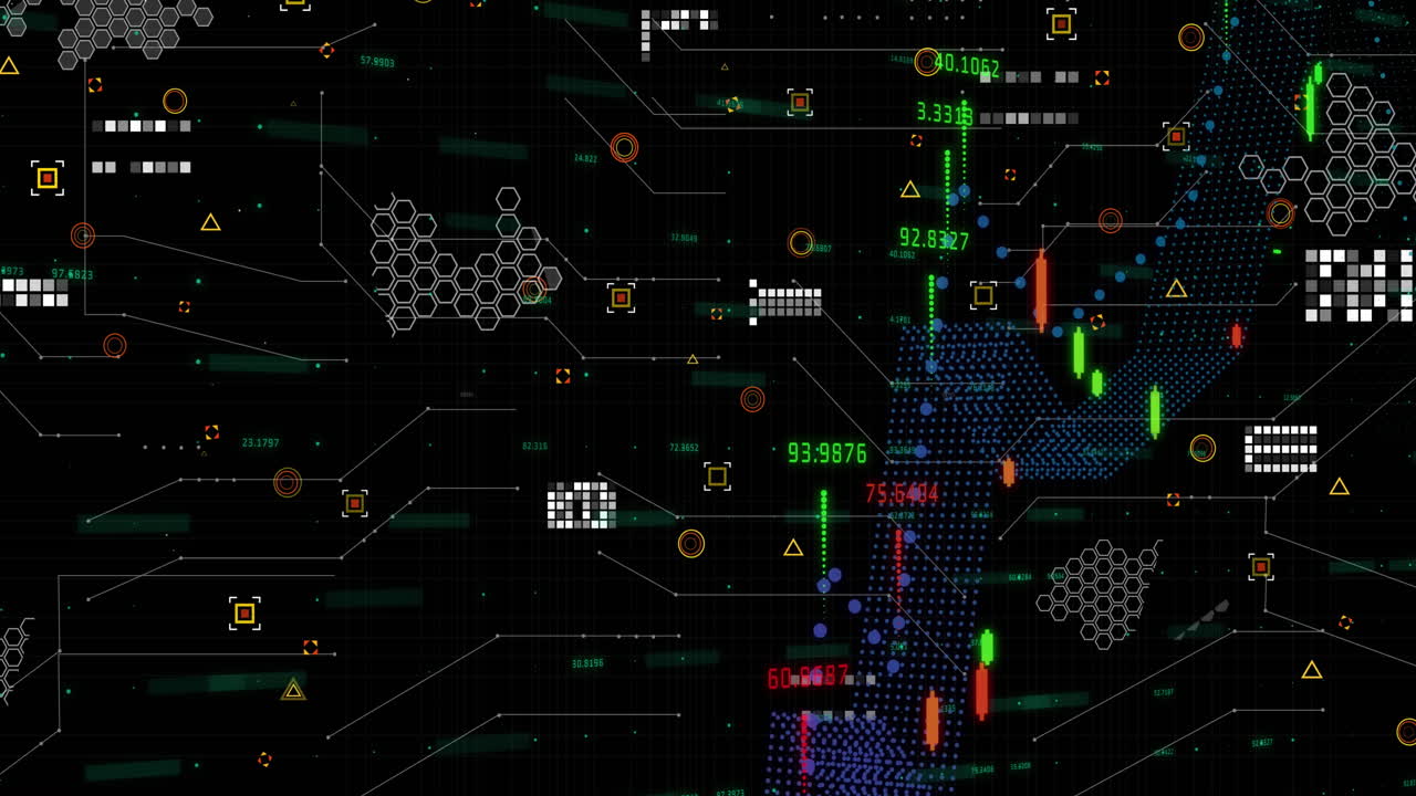 Animation of financial data processing against black background