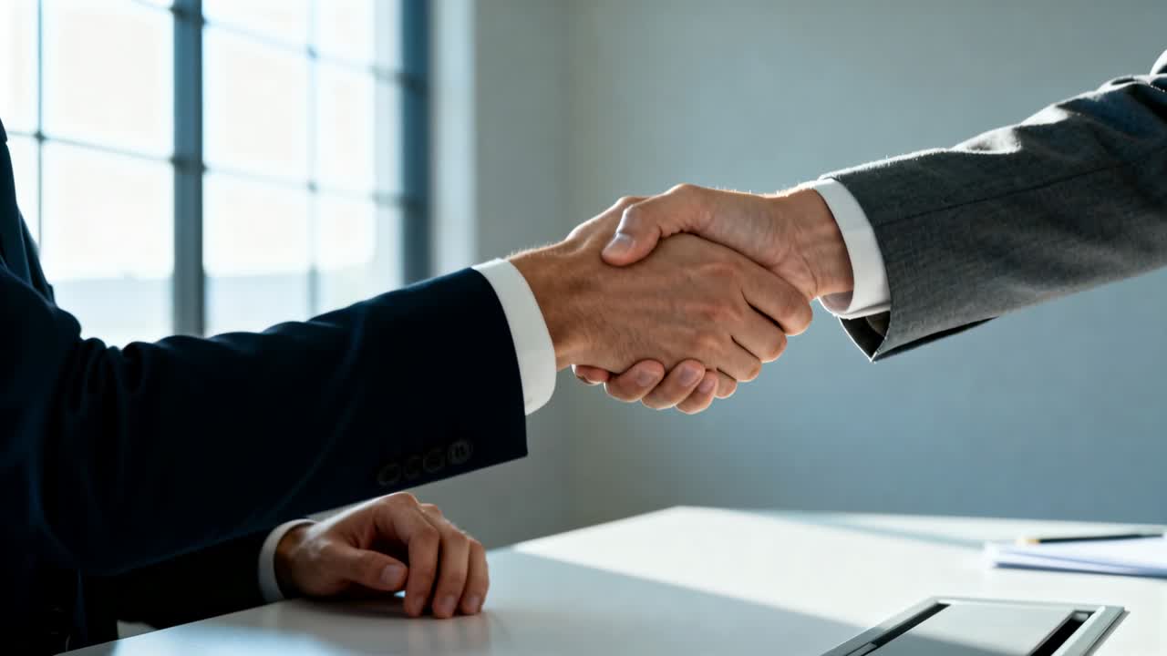 Rechterhand uitstekend, schudt een man in grijs pak handen met een collega in marineblauw pak aan tafel, een deal bezegelend met documenten.
