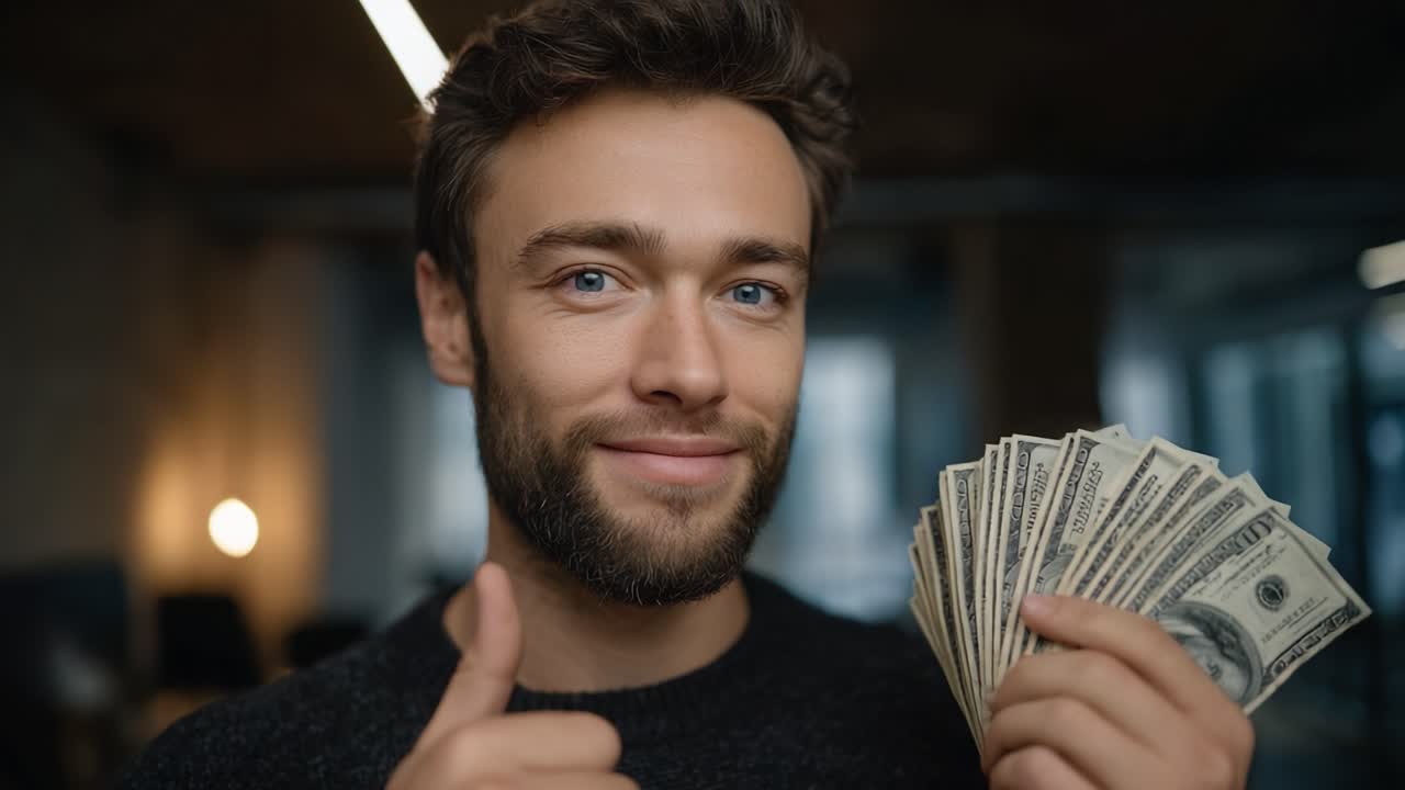 Uomo sicuro di sé che mostra entusiasmo e alza il pollice mentre tiene in mano delle banconote da un dollaro, a simboleggiare il successo e i risultati finanziari in un ambiente moderno al chiuso