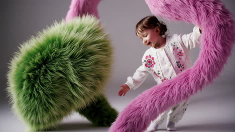 a happy toddler's playful interaction with large fuzzy green and pink objects in a studio