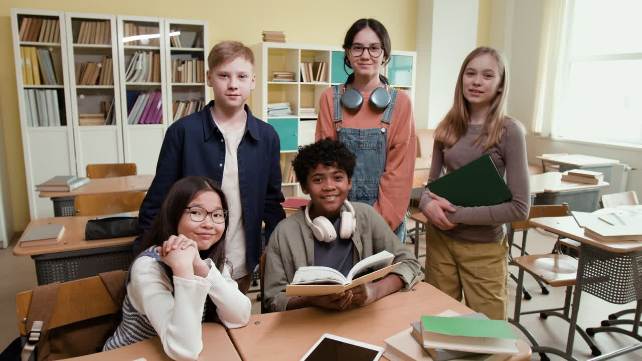 Diverse group of smiling students in a classroom