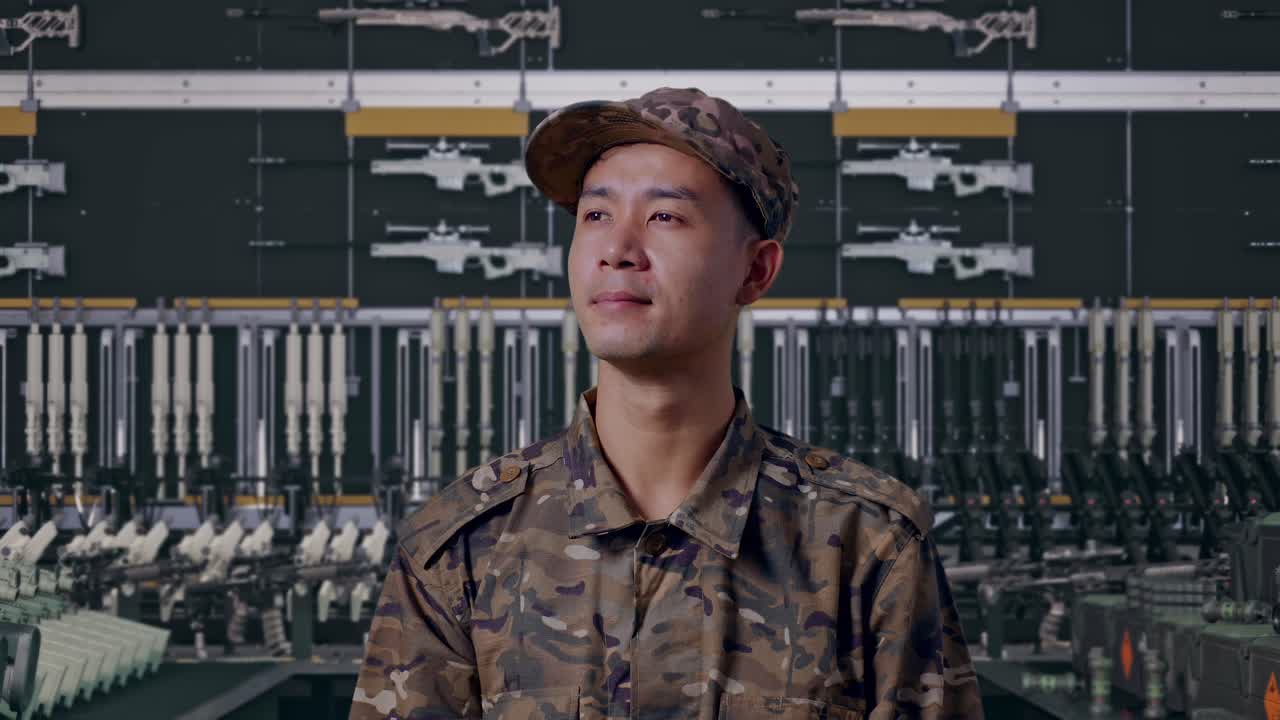 軍事兵器庫を見回すアジア人男性兵士のクローズアップ