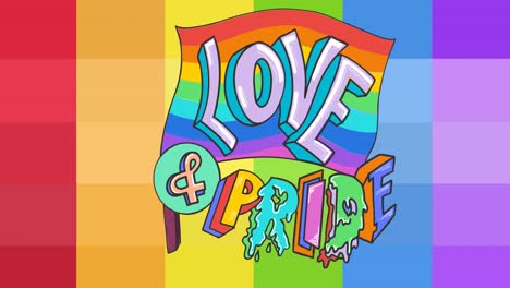 animation of love and pride text with flag over rainbow stripes