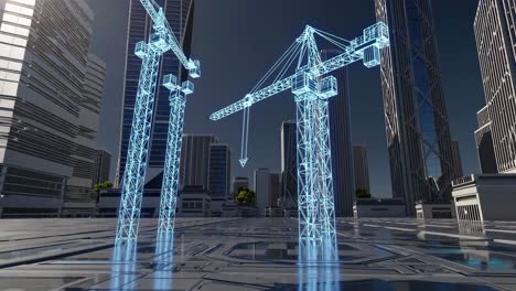 futuristic city construction with digital cranes