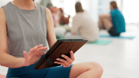 hands, tablet and yoga with a person in the gym