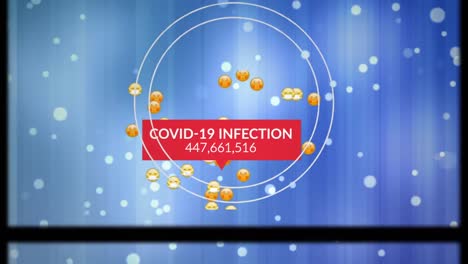 Animation-Einer-Text-Covid-19-Infektion-Mit-Steigender-Zahl,-Emojis-Und-Hellen-Flecken-Auf-Blauen-Linien