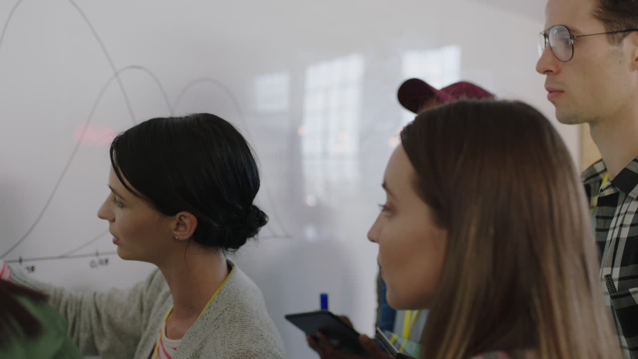 equipo de negocios diverso lluvia de ideas escribiendo ideas creativas en pizarra colaborando en un proyecto de datos de investigación de mercado compartiendo información en una reunión de oficina multiétnica