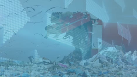video compuesto digital de múltiples flechas moviéndose contra el vertedero con pájaros volando en el cielo