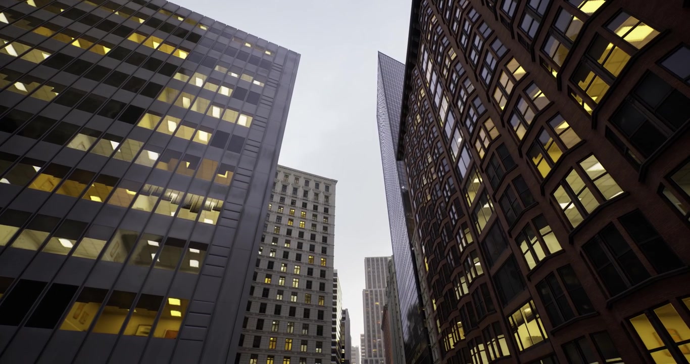 Reflejos de rascacielos urbanos muestran un animado paisaje urbano con ventanas iluminadas.