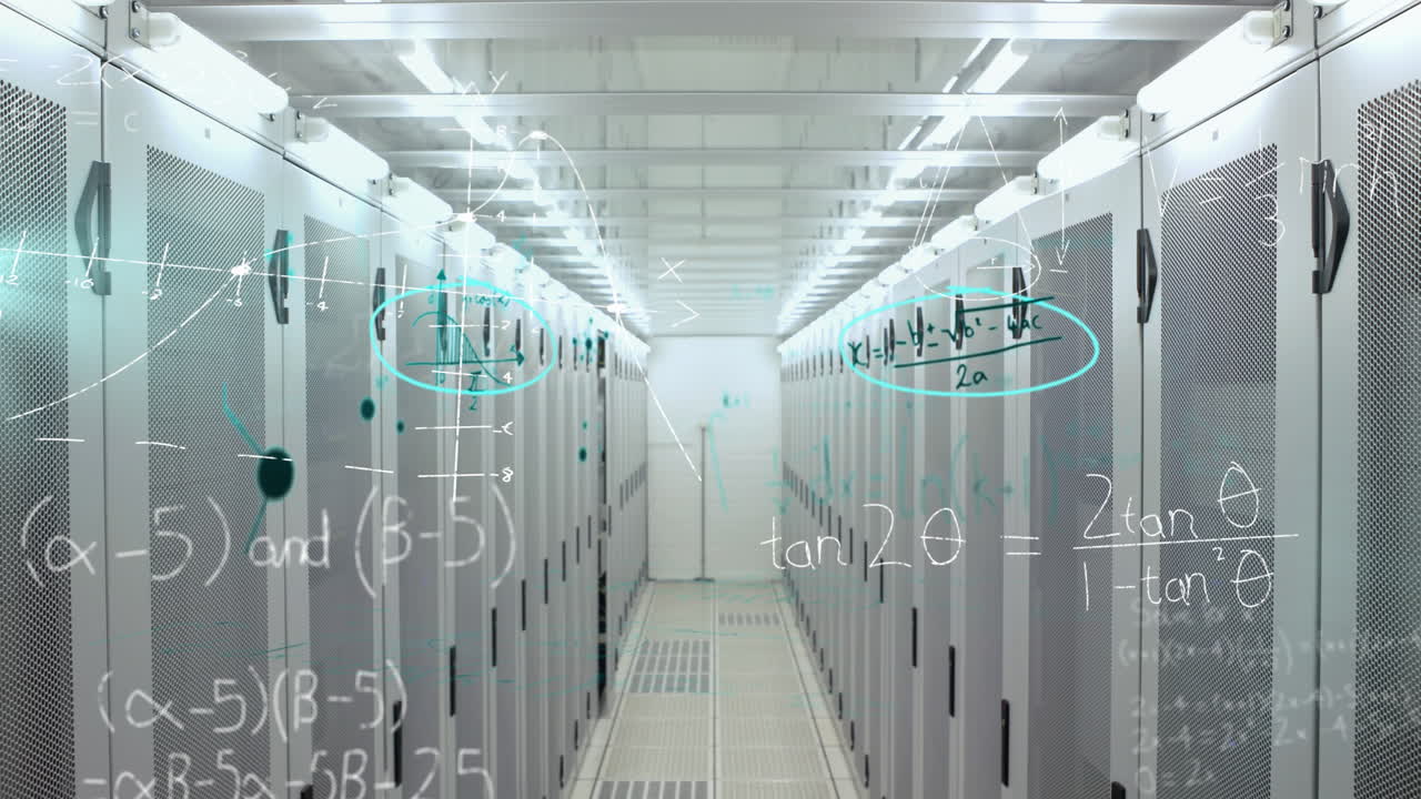 Mathematical equations and molecular structures against empty server room