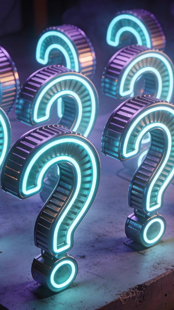 Video verticale: Telecamera in loop che si avvicina a punti interrogativi al neon su cemento per una presentazione promozionale.