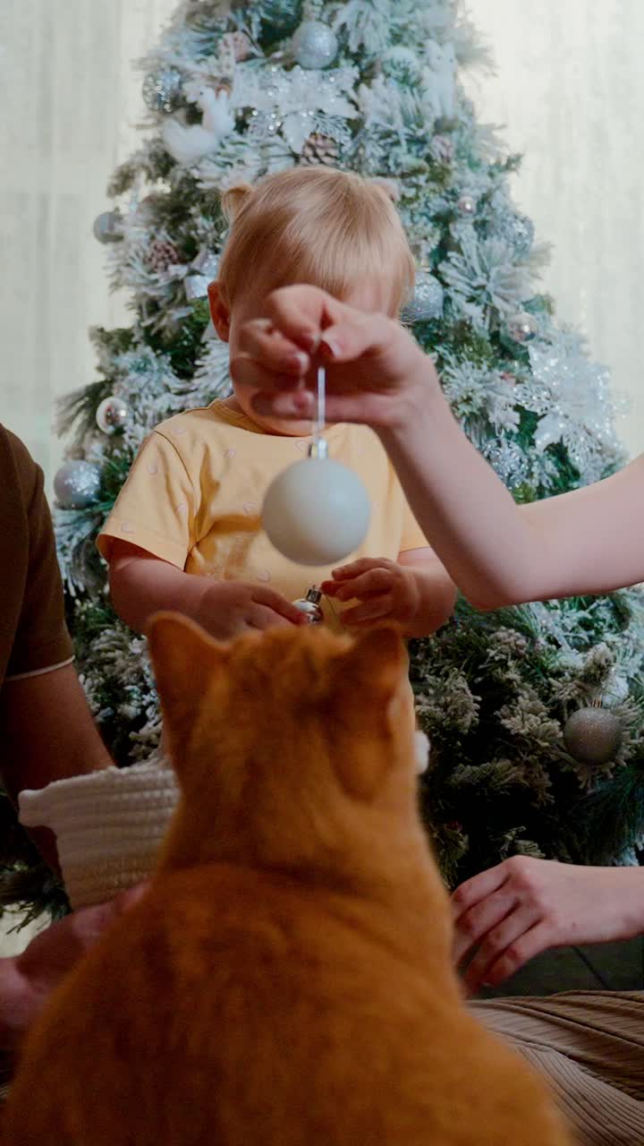 A Joyful Moment of Celebration with a Child and a Cat during the Festive Season Surrounded by a Beautifully Decorated Christmas Tree, Capturing the Essence of Holiday Cheer and Family Bonding