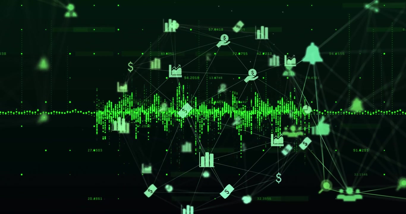 Animation of globe of network of connections with icons and data processing