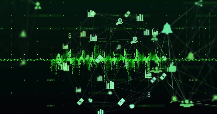 Animation of globe of network of connections with icons and data processing