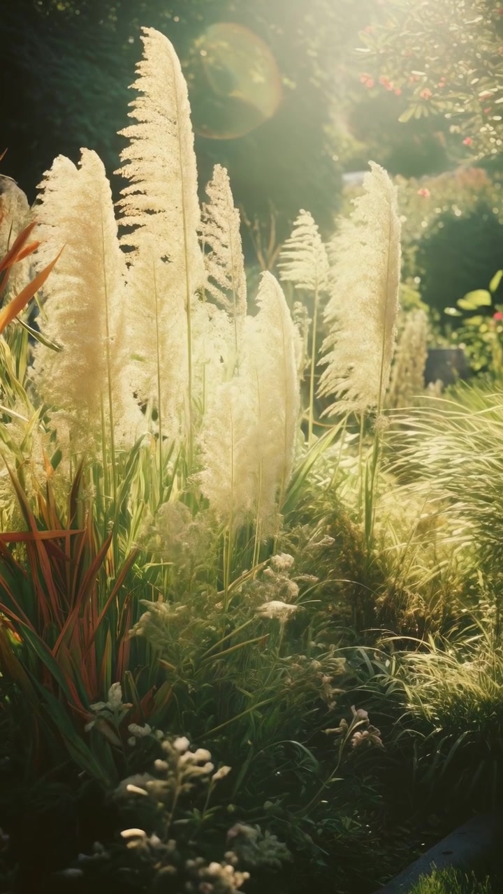 Pampas Grass Swaying Gently in Warm Golden Hour Sunlight