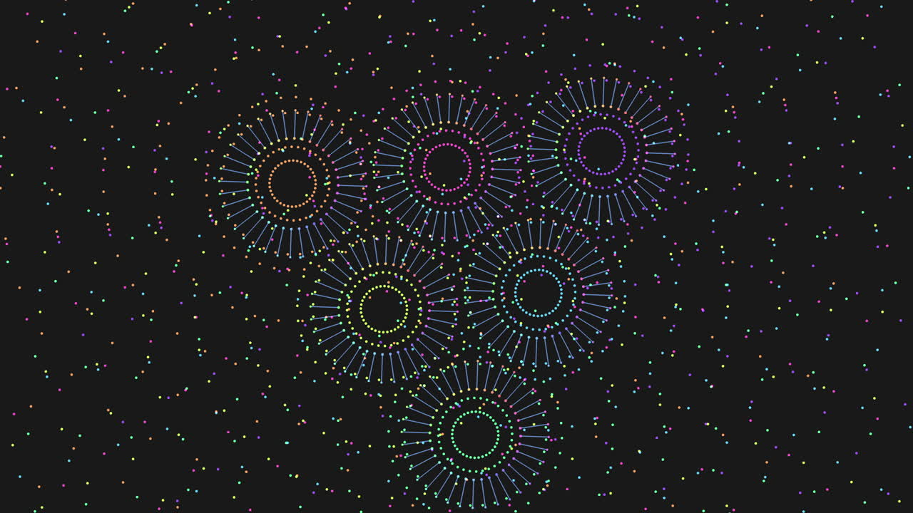 검은색 배경 에 있는 다채로운 원 들 의 활기찬 패턴