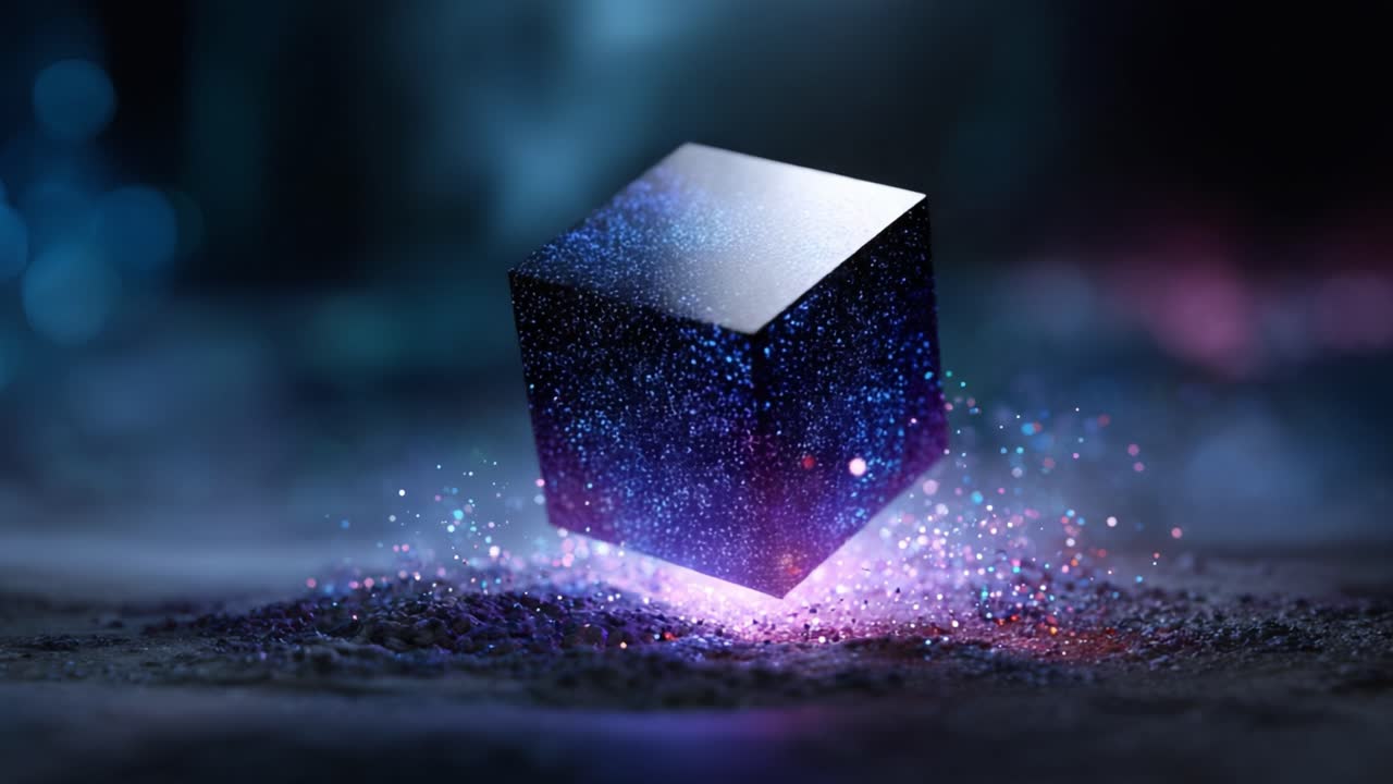 A Stunning Floating Cube Emitting a Cosmic Spectrum of Stars and Galaxies, Capturing the Essence of the Universe in an Ethereal and Mystical Setting