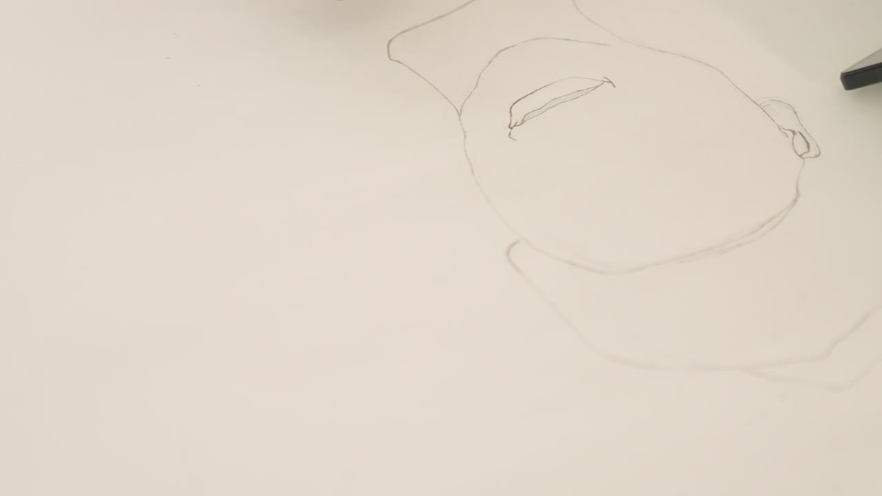 Black hand outlining soft portrait base, darkskinned hand dotting facial guide lines on wide white paper, minimal studio composition, patient steady strokes, preparatory phase for black painting