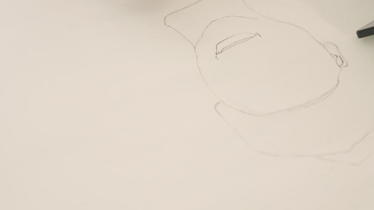 Black hand outlining soft portrait base, darkskinned hand dotting facial guide lines on wide white paper, minimal studio composition, patient steady strokes, preparatory phase for black painting