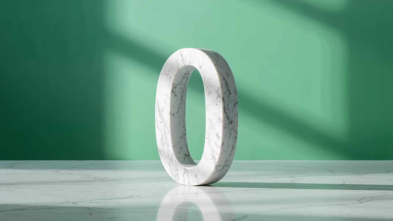 Starting marble zero sculpture rotating on marble tabletop, pastel green backdrop, window shadows
