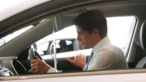 smiling businessman sitting into a car