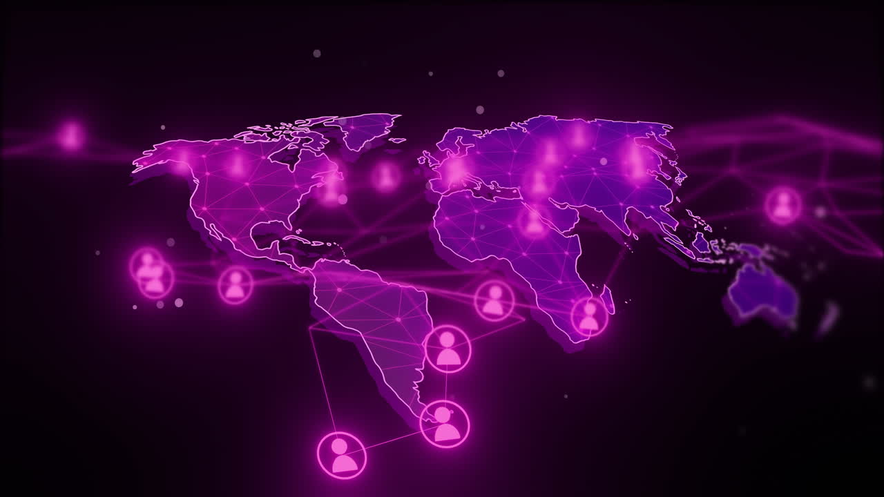 Global network connections and user icons animation over world map