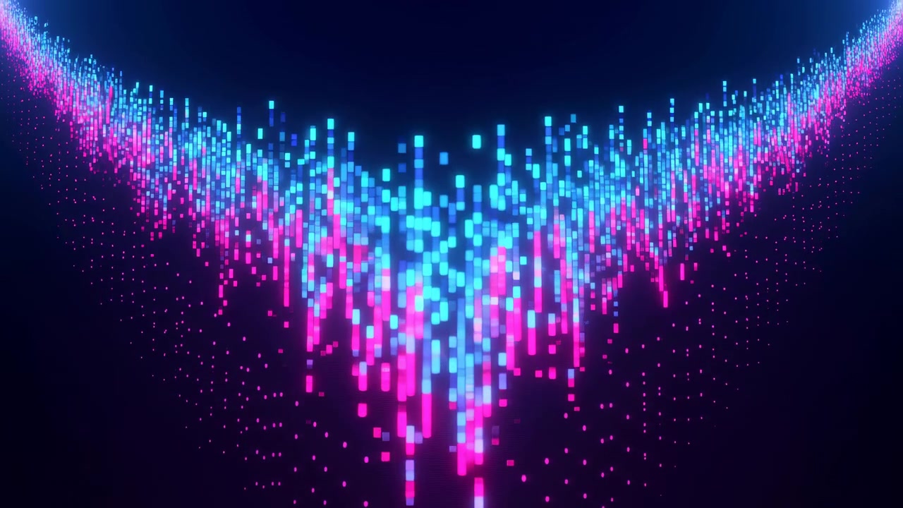 Tæt gardin af glødende rektangulære pixels strømmer indad i lodrette søjler, danner en V-formet dal i midten med lyse cyan- og magentablokke, blød dis, levende kontrast og dyb futuristisk