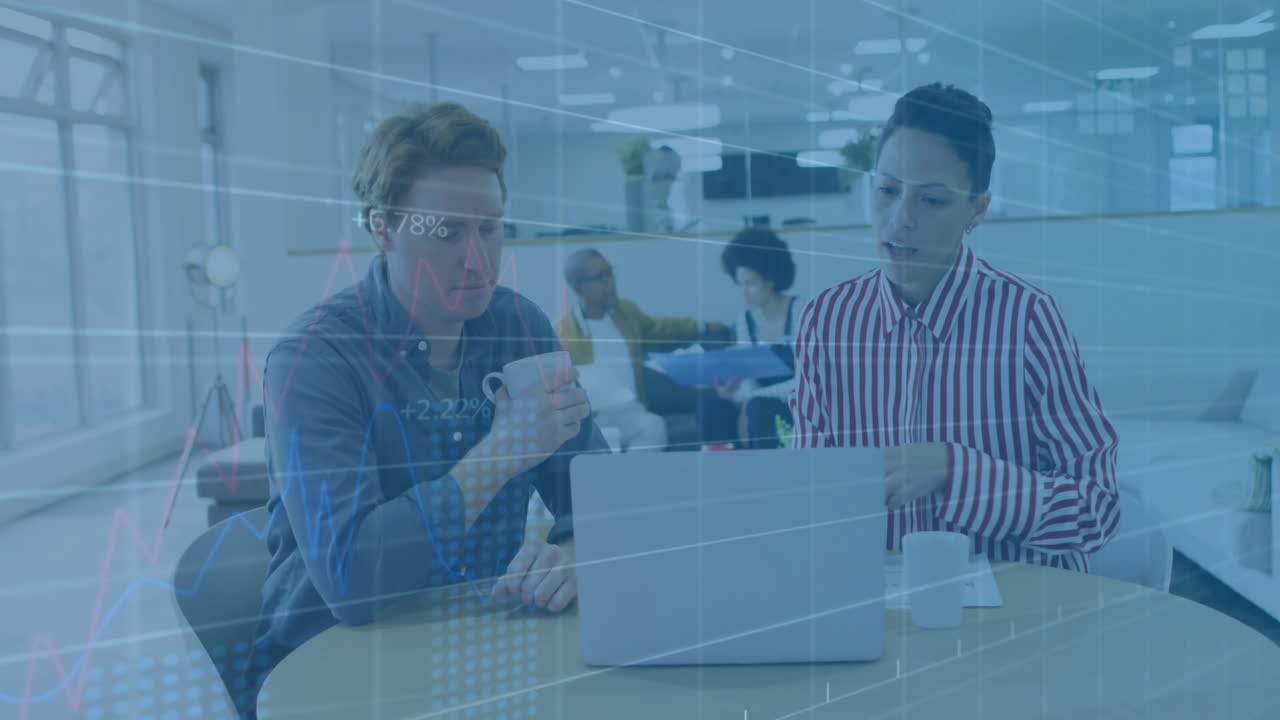 Animation of financial data processing over diverse business people in office