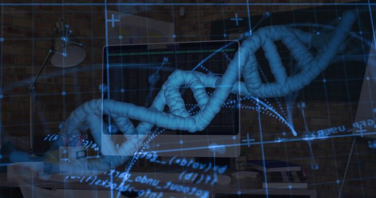 3D DNA helix materializing rotating with streaming code and glowing nodes visualizing research data