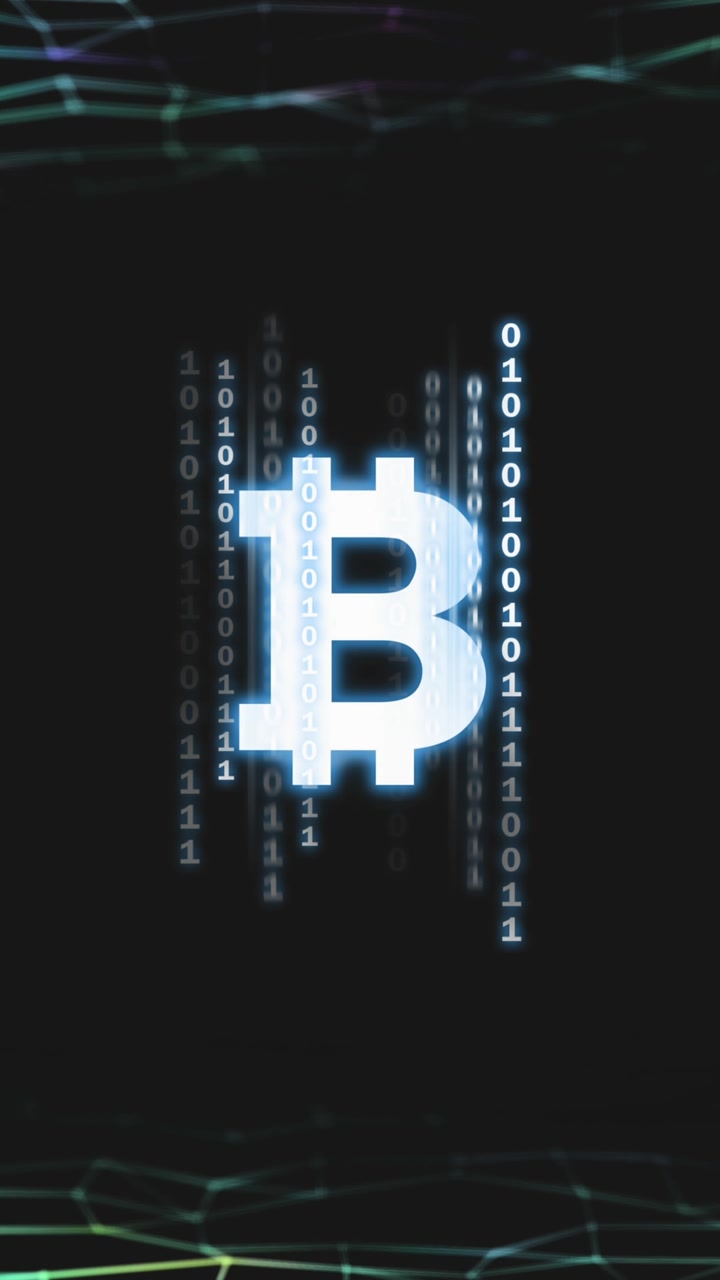Símbolo de Bitcoin sobre malla verde en fondo negro