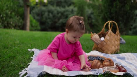 una niña disfruta de un picnic en el parque con arándanos y croissants.