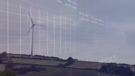animation of statistical, stock market data processing over spinning windmill on grassland