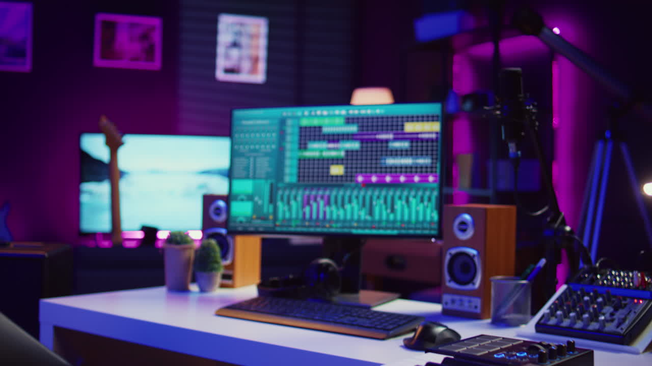 estudio en casa vacío lleno de instrumentos de grabación y mezcla