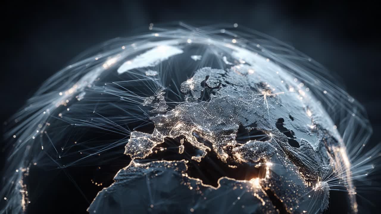 A Stunning Visualization of Earth's Connectivity Through Networks, Highlighting the Intricate Linkages of Data and Communication Across Europe and Beyond