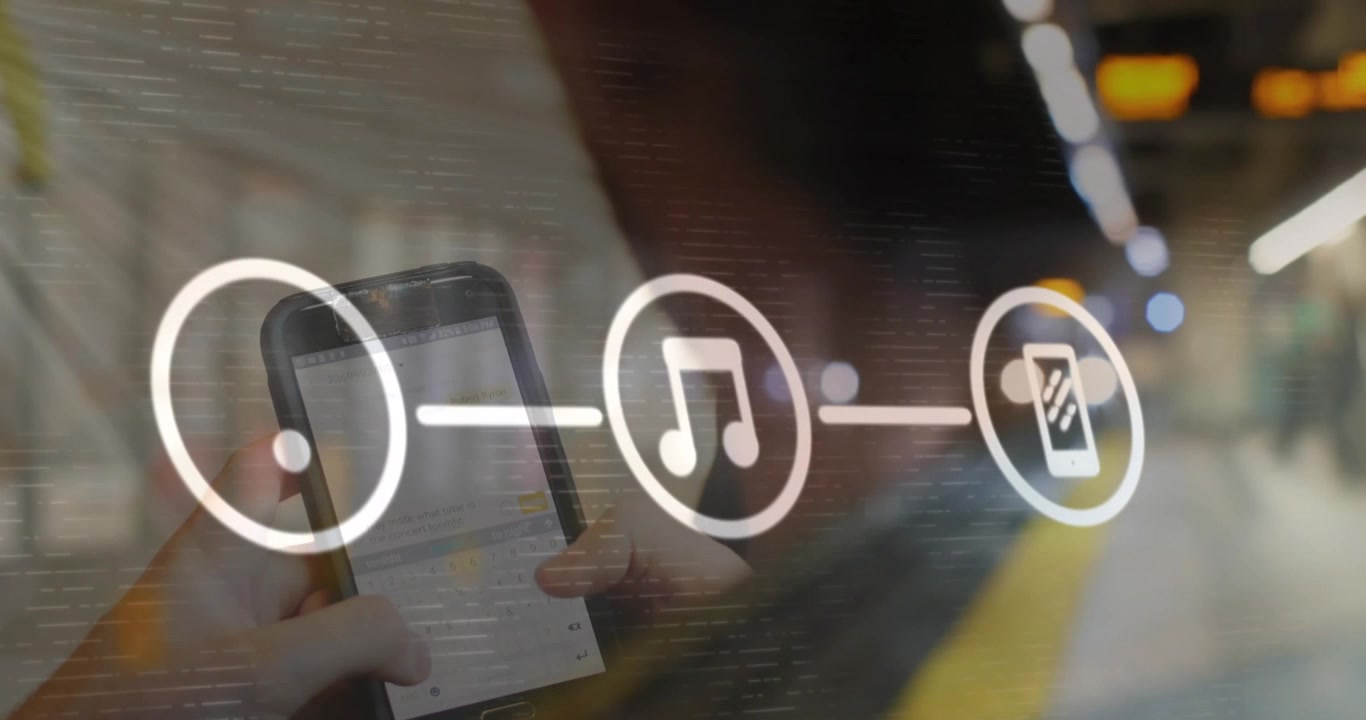 Animación de una red de conexiones sobre un hombre usando un smartphone