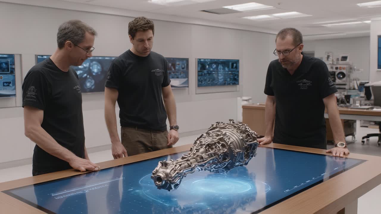 Ingenieros analizan tecnología futurista: Un vistazo de cerca al complejo diseño de un motor mecánico en un entorno de laboratorio de alta tecnología.