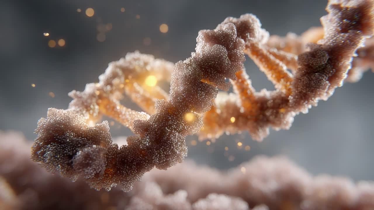 Exploring the Intricate Structure of DNA: Microscopic Visualization of Genetic Material with a Focus on Its Helical Form and Intriguing Sparkling Details