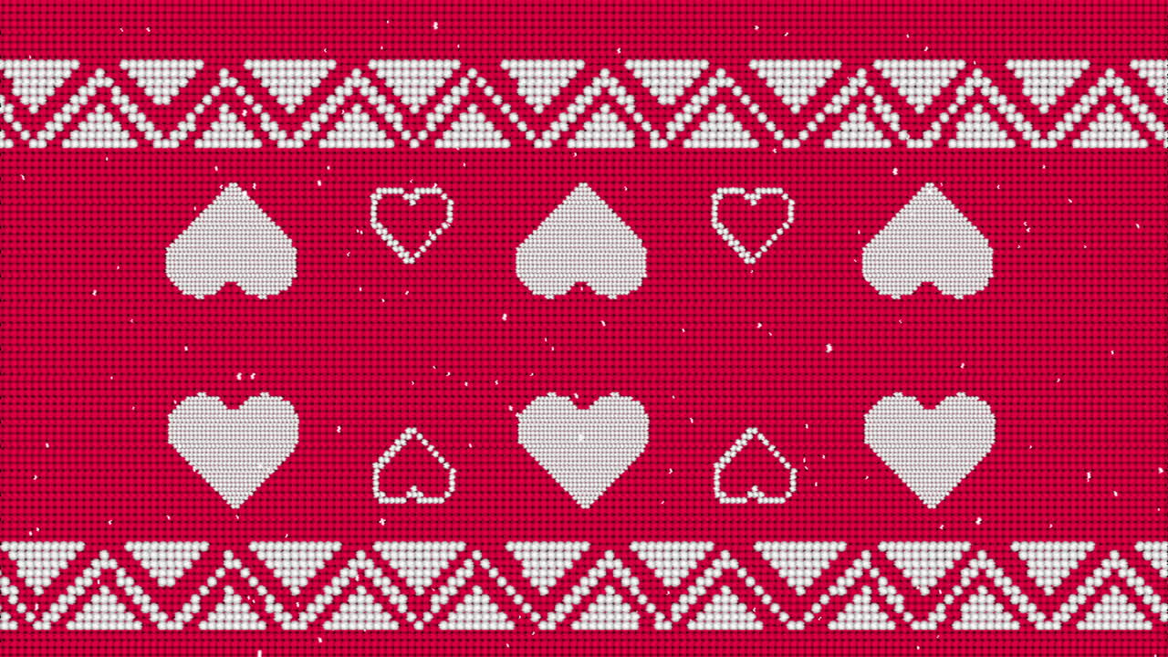 Traditional Christmas pattern with multiple hearts against red background