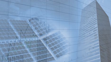 financial data processing over solar panel against tall buildings