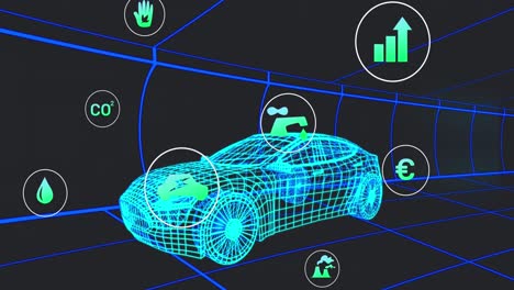 Animation-Digitaler-Symbole-über-Einem-3D-Automodell,-Das-Sich-In-Einem-Nahtlosen-Muster-Vor-Schwarzem-Hintergrund-Bewegt