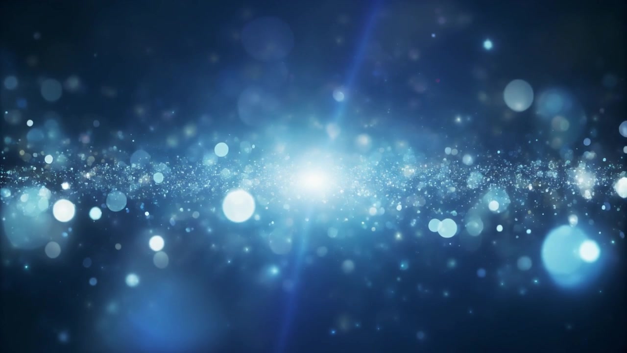 輝く光を放ち空間を漂う抽象的な青い粒子